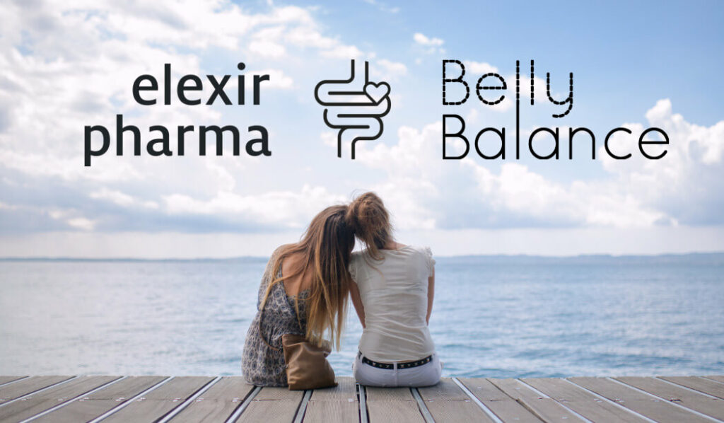 Bild på två personer som sitter på en brygga över vattnet med texten elexir pharma och belly balance